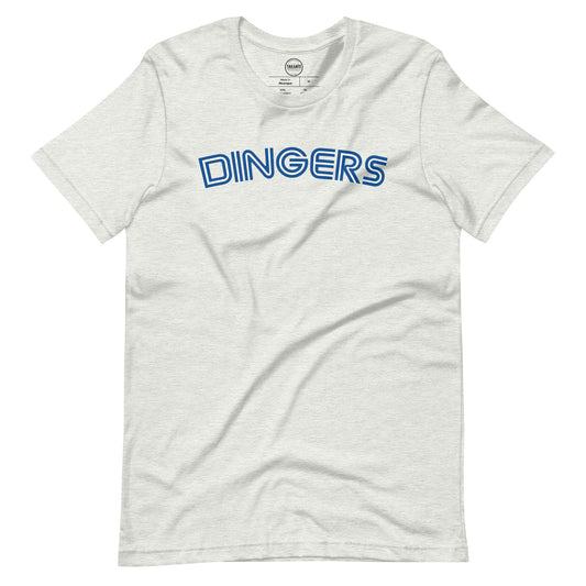 Image of heather ash t-shirt with design of "DINGERS" in Toronto Blue Jays retro blue style font located on centre chest. This design is exclusive to Tailgate Mercantile and available only online.