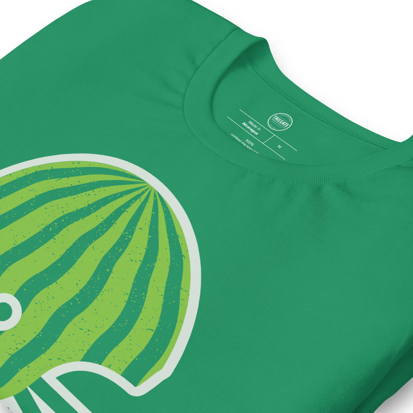 This image details the graphic design of a retro football helmet that looks like the outside of a watermelon. This design is an homage to Saskatchewan Rough Rider fans who often wear watermelons while cheering on their favourite CFL team. This design is exclusive to tailgate mercantile and available only online.