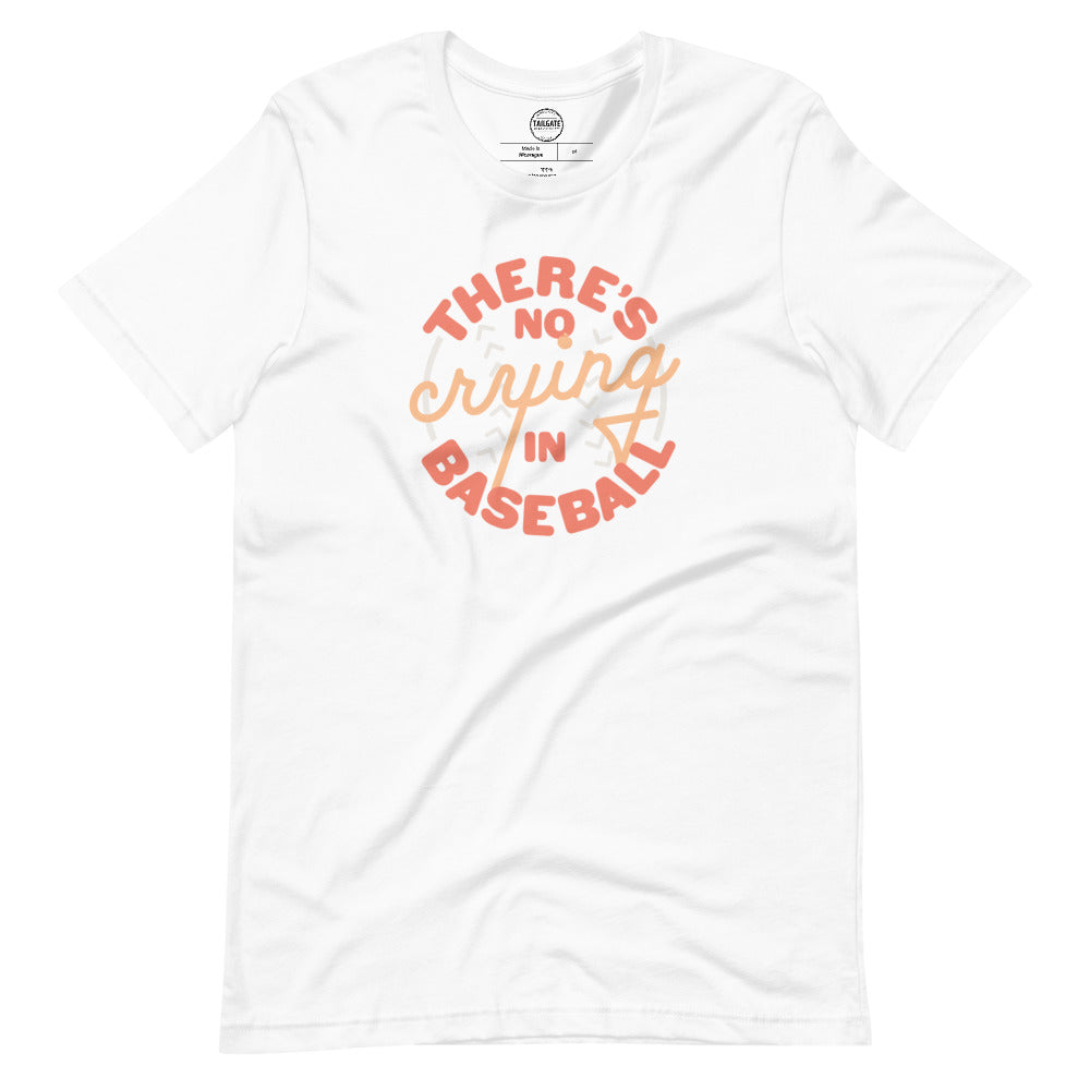 Image of white t-shirt with design of "There's No Crying in Baseball" in peach located on centre chest. There's No Crying in Baseball is an homage to the great AAGPBL women's baseball movie "A League of Their Own". This design is exclusive to Tailgate Mercantile and available only online.