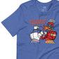 Image of heather royal blue t-shirt with design of "Battle of Alberta" with rock'em, sock'em style hockey players fighting located on centre chest. Players in the design are completed in NHL Calgary Flames and Edmonton Oilers colours. This design is exclusive to Tailgate Mercantile and available only online.