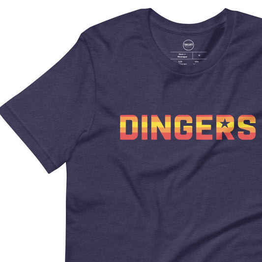 Image of heather navy t-shirt with design of "DINGERS" in Houston Astros tequila sunrise style font located on centre chest. This design is exclusive to Tailgate Mercantile and available only online.