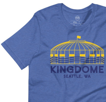 Image of heather royal blue t-shirt with design of "Kingdome, Seattle, WA" illustrated ballpark completed in retro Seattle Mariners colours located on centre chest. This design is exclusive to Tailgate Mercantile and available only online.