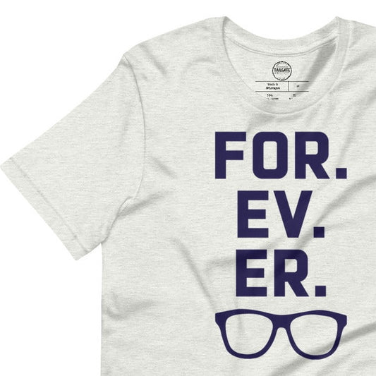 Image of heather ash coloured t-shirt with design of "FOR.EV.ER." in navy located on centre chest. FOR.EV.ER. is an homage to the great baseball movie "The Sandlot". This design is exclusive to Tailgate Mercantile and available only online.