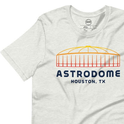 Image of heather ash t-shirt with design of "Astrodome, Houston, TX" illustrated ballpark completed in retro Houston Astros tequila sunrise colours located on centre chest. This design is exclusive to Tailgate Mercantile and available only online.