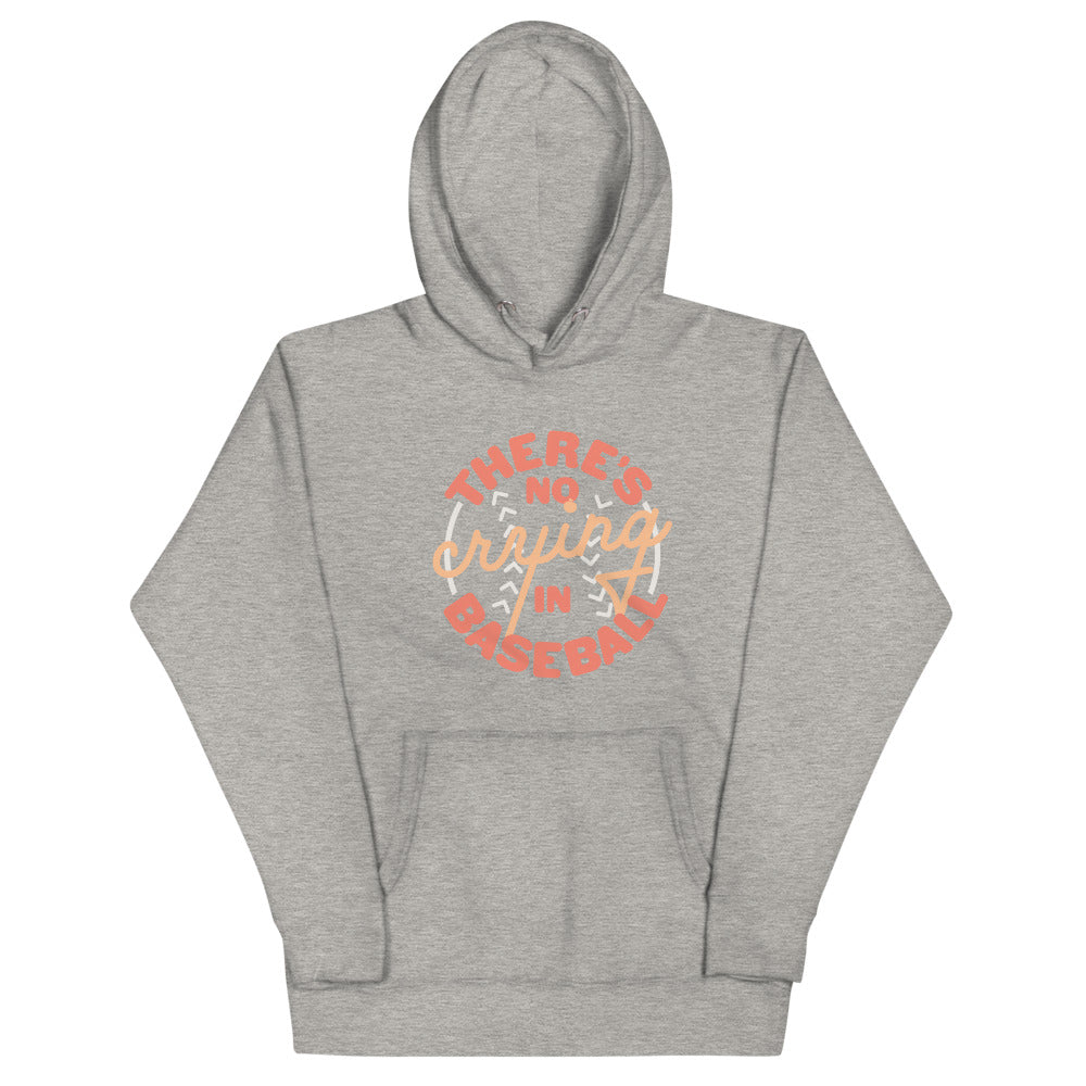 Image of heather athletic grey hoodie with design of "There's No Crying in Baseball" in peach located on centre chest. There's No Crying in Baseball is an homage to the great AAGPBL women's baseball movie "A League of Their Own". This design is exclusive to Tailgate Mercantile and available only online.