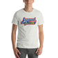 Image of young man wearing heather ash t-shirt with design of "Juuuust a bit Outside" in blue/red/yellow located on centre chest. Just a Bit Outside is an homage to the great baseball movie "Major League". This design is exclusive to Tailgate Mercantile and available only online.