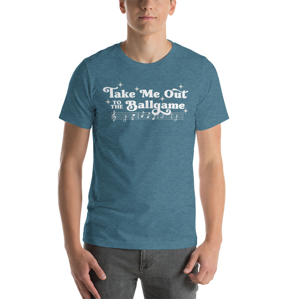 Image of man wearing heather teal t-shirt with design of "Take Me Out to the Ballgame" with coordinating musical notes in white located on centre chest. This design is exclusive to Tailgate Mercantile and available only online.