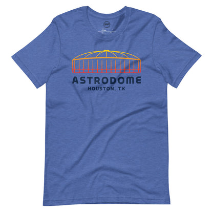Image of heather royal blue t-shirt with design of "Astrodome, Houston, TX" illustrated ballpark completed in retro Houston Astros tequila sunrise colours located on centre chest. This design is exclusive to Tailgate Mercantile and available only online.