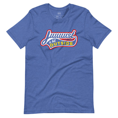 Image of heather royal blue t-shirt with design of "Juuuust a bit Outside" in white/red/yellow located on centre chest. Just a Bit Outside is an homage to the great baseball movie "Major League". This design is exclusive to Tailgate Mercantile and available only online.
