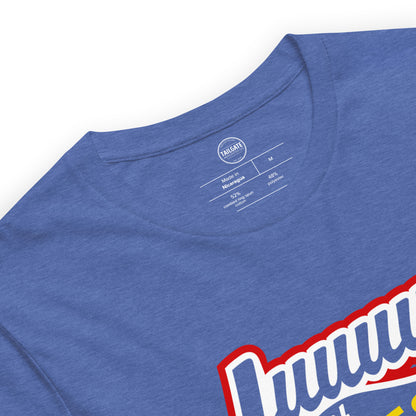 Close up image of heather royal blue t-shirt with design of "Juuuust a bit Outside" in white/red/yellow located on centre chest. Just a Bit Outside is an homage to the great baseball movie "Major League". Image includes neck tag details. This design is exclusive to Tailgate Mercantile and available only online.