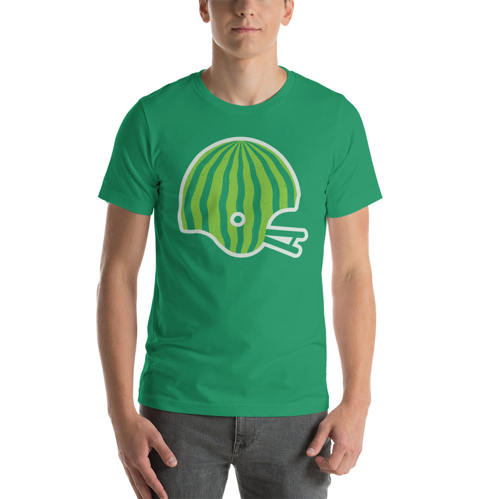 This image details the graphic design of a retro football helmet that looks like the outside of a watermelon. This design is an homage to Saskatchewan Rough Rider fans who often wear watermelons while cheering on their favourite CFL team. This design is exclusive to tailgate mercantile and available only online.
