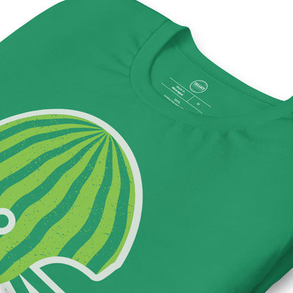 This image details the graphic design of a retro football helmet that looks like the outside of a watermelon. This design is an homage to Saskatchewan Rough Rider fans who often wear watermelons while cheering on their favourite CFL team. This design is exclusive to tailgate mercantile and available only online.