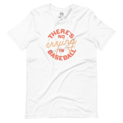 Image of white t-shirt with design of "There's No Crying in Baseball" in peach located on centre chest. There's No Crying in Baseball is an homage to the great AAGPBL women's baseball movie "A League of Their Own". This design is exclusive to Tailgate Mercantile and available only online.