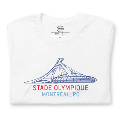 Close up image of white t-shirt with design of "Stade Olympique, Montreal, PQ" illustrated ballpark completed in retro Montreal Expos colours located on centre chest. This design is exclusive to Tailgate Mercantile and available only online.
